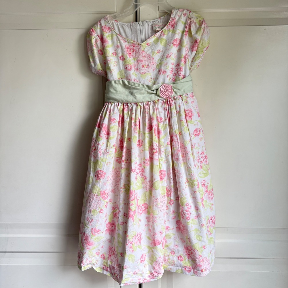 Hartstrings Vintage Classic Floral‎ Dress Party Tea Dress Green Sash Rose Size 5